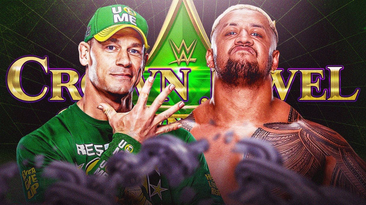 John Cena and Solo Sikoa with the WWE Crown Jewel logo as the background.