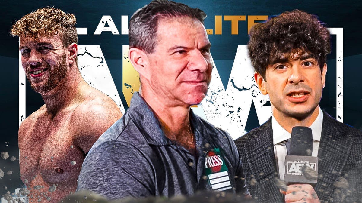 Dave Meltzer with Will Ospreay on his left and Tony Khan on his right with the AEW logo as the background.