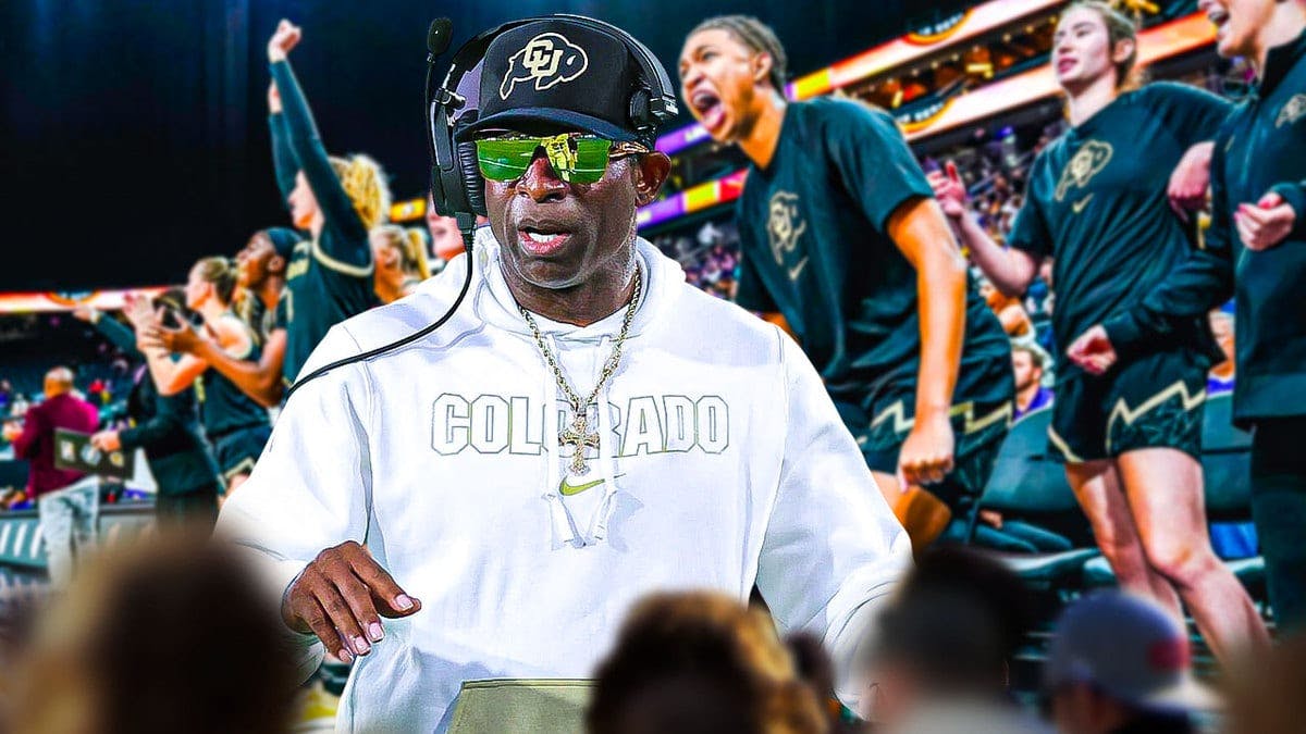 Colorado football coach Deion Sanders with the Colorado women’s basketball team on the other side of the picture