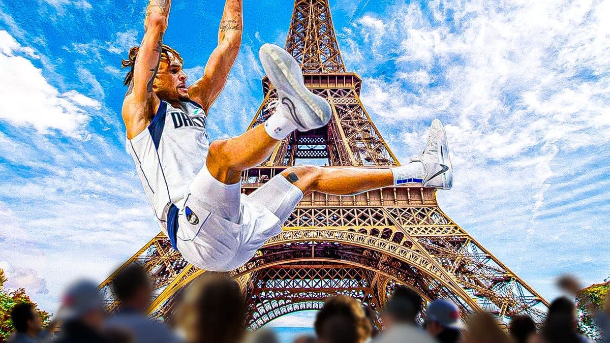 Mavs' Dereck Lively II falling from the eiffel tower
