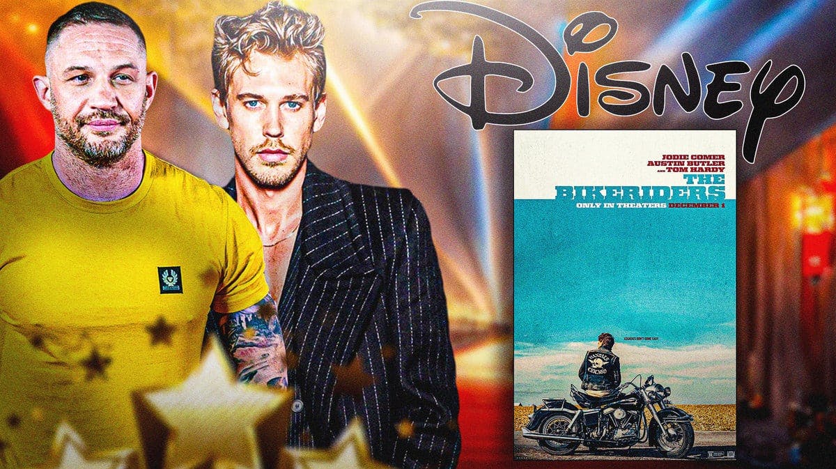 Tom Hardy and Elvis star Austin Butler next to Disney logo and The Bikeriders poster.