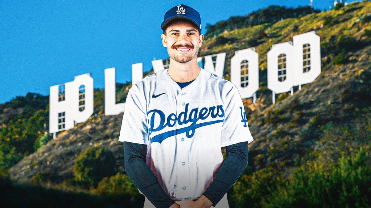 Dylan Cease in a Dodgers uniform. Place the Hollywood sign in background.