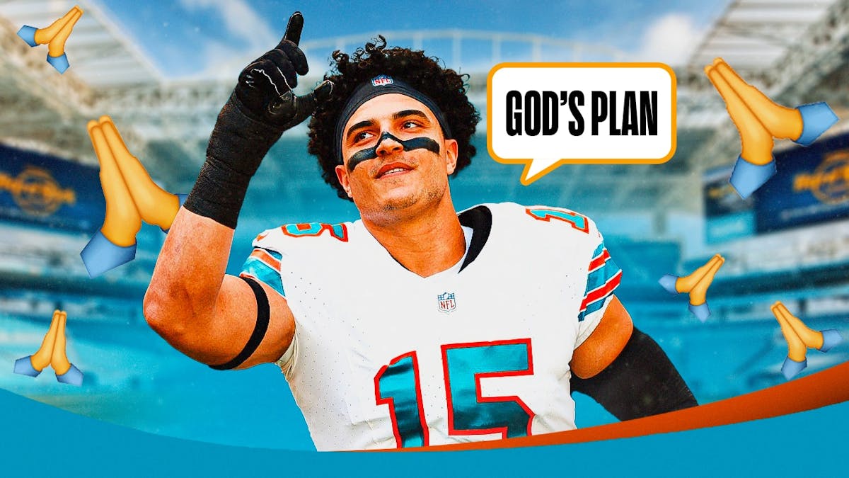 Jaelan Phillips in Dolphins jersey with prayer emojis around him saying “God’s plan”