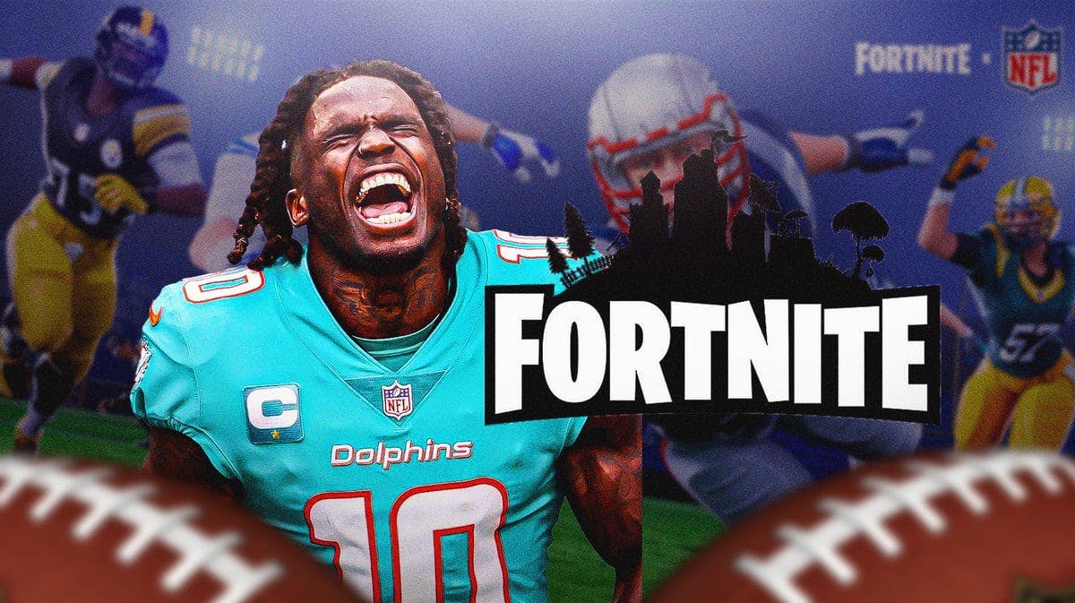 Miami Dolphins receiver Tyreek Hill next to the Fortnite logo in front of video game football players.