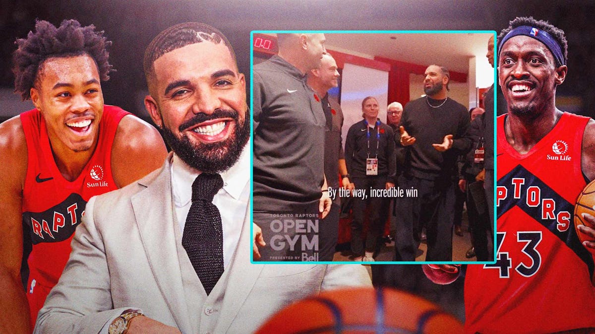 Photo: Drake smiling, Scottie Barnes, Pascal Siakam also smiling in Raptors jerseys, screenshot of tweet video below at 16-second mark please