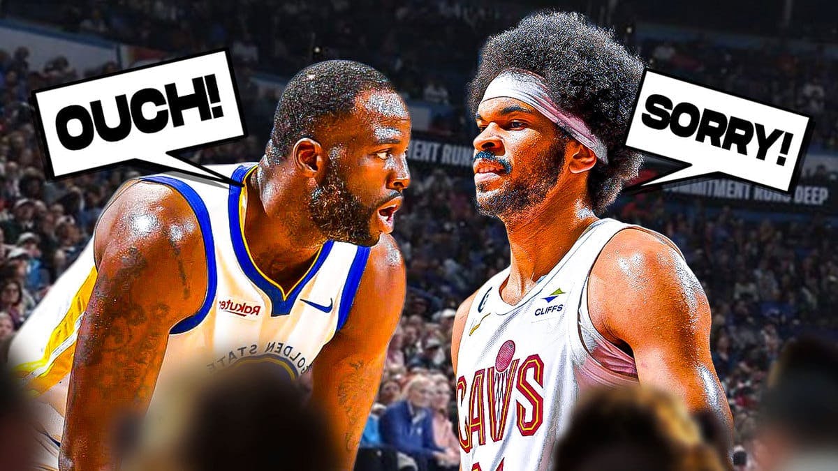 Warriors' Draymond Green with speech balloon that says ‘Ouch.’ Cavs' Jarrett Allen with speech balloon that says ‘Sorry!’