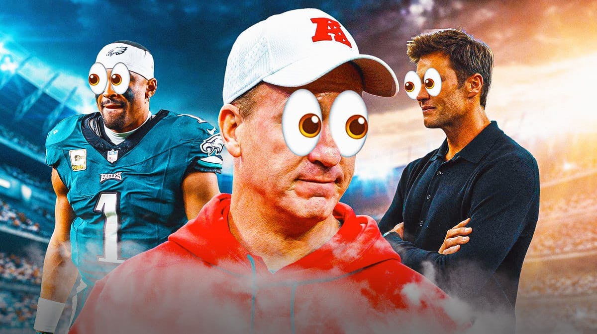 Jalen Hurts, Peyton Manning, Tom Brady with big emoji eyes