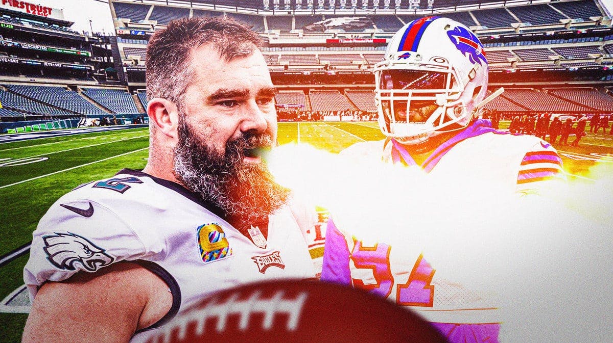 Jason Kelce with fire coming out of his mouth next to Jordan Phillips in a Bills jersey
