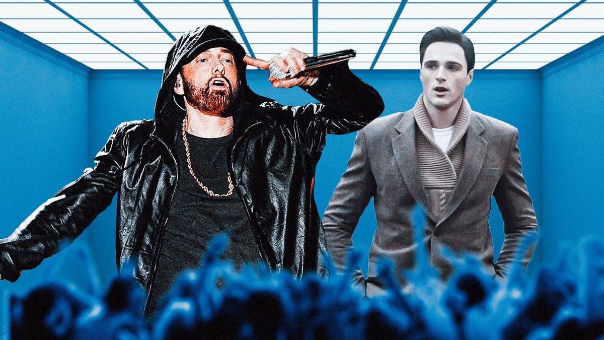 Eminem and Jacob Elordi in front of an audience.