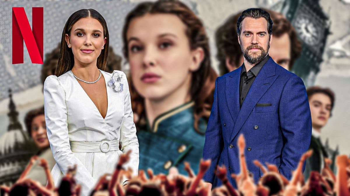 Netflix logo and Millie Bobby Brown and Henry Cavill in front of Enola Holmes poster.