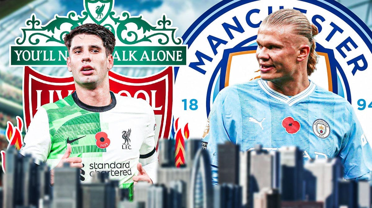 Erling Haaland and Dominik Szoboszlai smiling towards each other in front of the Liverpool and Manchester City logos