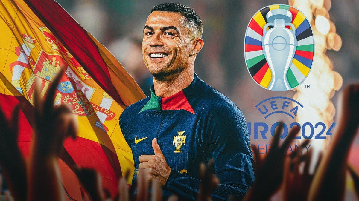 Cristiano Ronaldo celebrating in front of the Spainish flag and the Euro 2024 logo