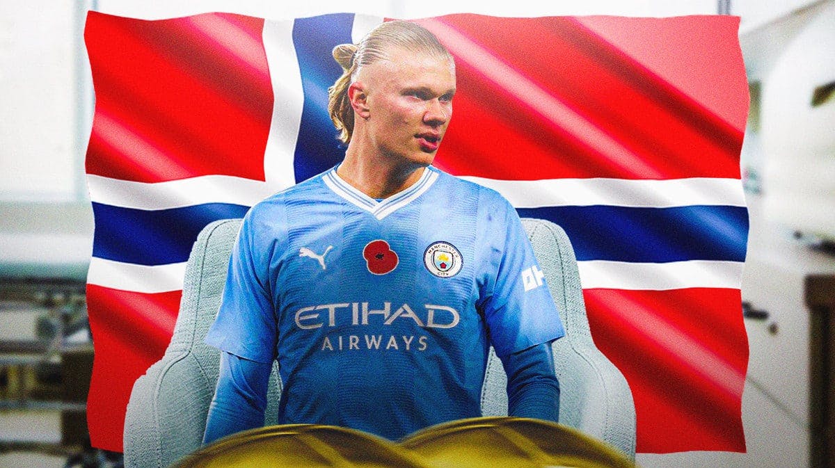 Erling haaland in front of the Norwegian flag sitting in a doctors office euro 2024