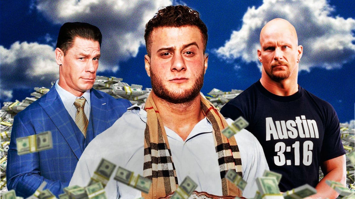 MJF with John Cena on his left and “Stone Cold” Steve Austin on his right with piles of money behind them.