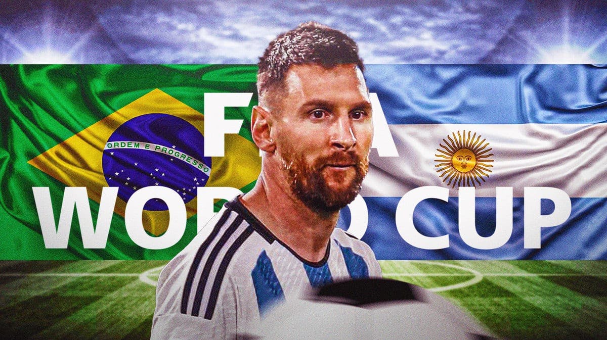 Lionel Messi in front of the FIFA World Cup logo, the Brazil and Argentina flag in the corners