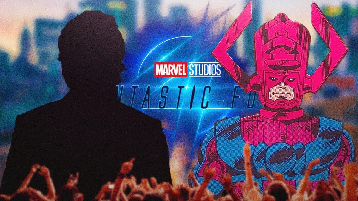 Javier Bardem next to Galactus with MCU Fantastic Four logo.
