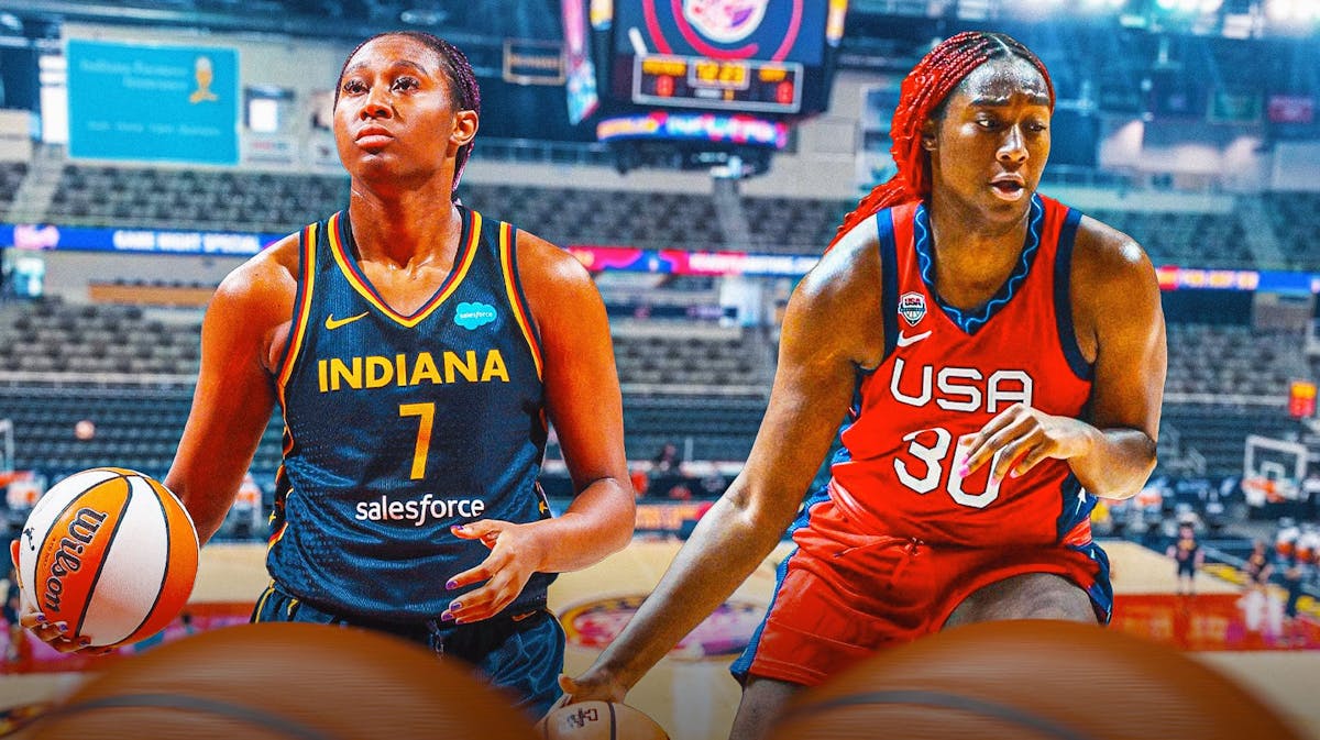 Thumb: Two pictures of Aliyah Boston side by side, one of her in her Indiana Fever jersey and one of her in a Team USA jersey. Have the Fever arena in the background
