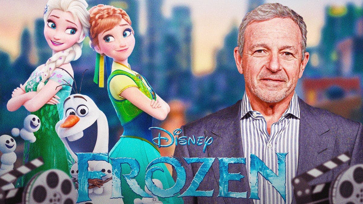 Frozen logo with Anna, Else, and Olaf from films with Disney CEO Bob Iger.