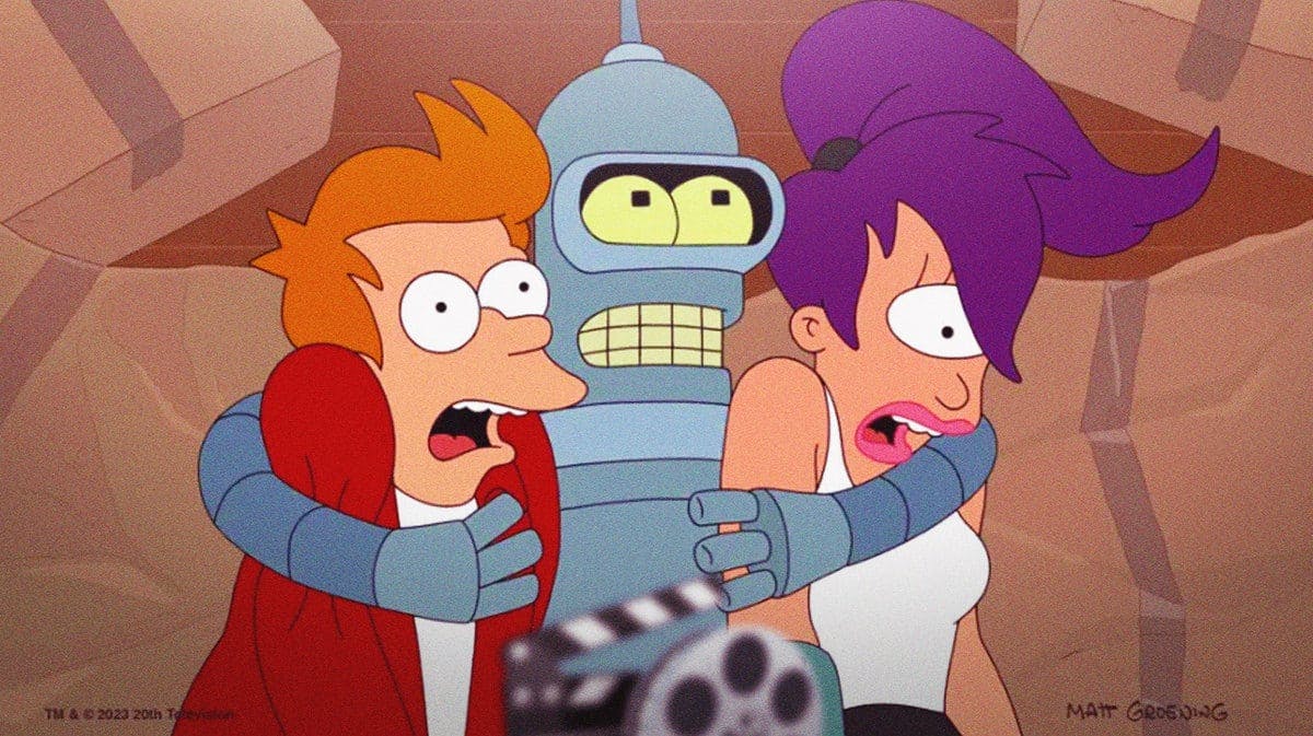 Image from the new Hulu season of Futurama in which the robot character Bender embraces Leela and Philip J. Fry