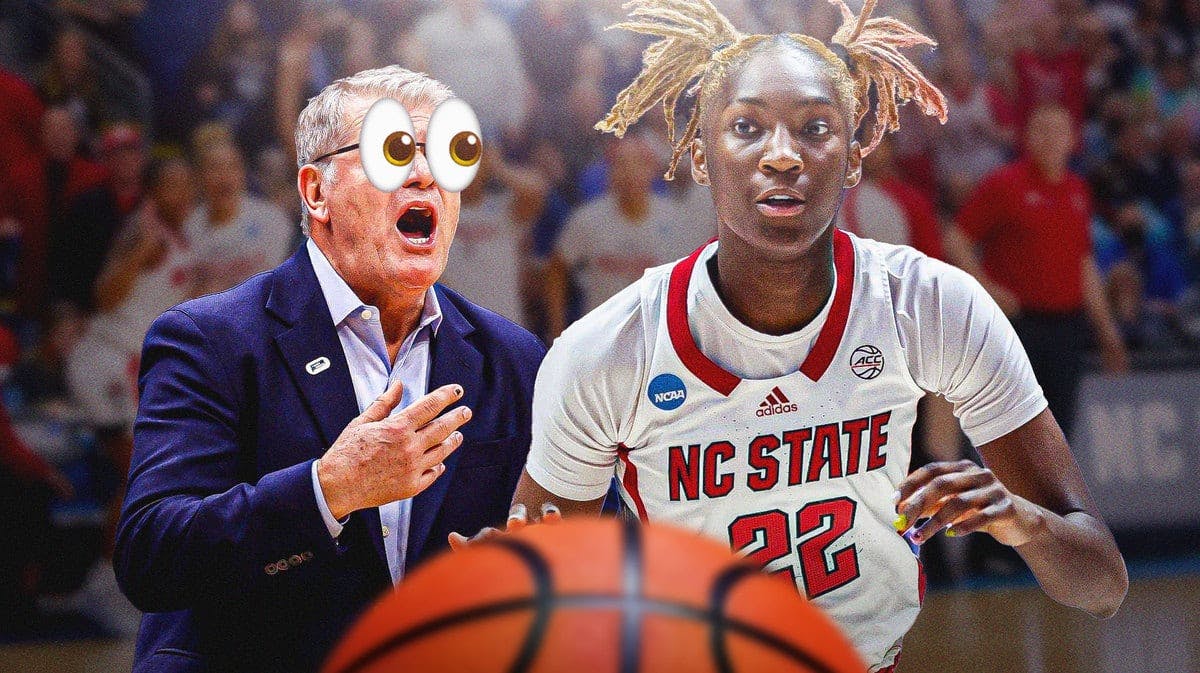 UConn women’s basketball coach Geno Auriemma with the big eye emojis 👀 looking at North Carolina State women’s basketball player Saniya Rivers