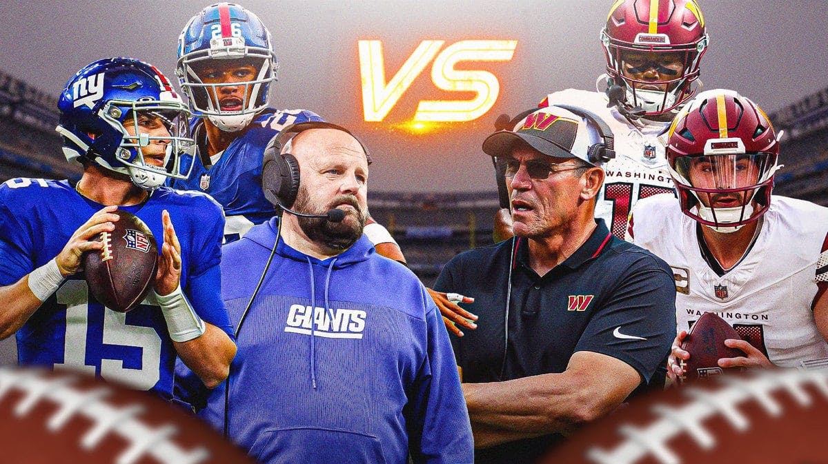 The Giants' Tommy DeVito, Saquon Barkley, and Brian Daboll vs. teh Commanders' Ron Rivera, Sam Howell, and Terry McLaurin