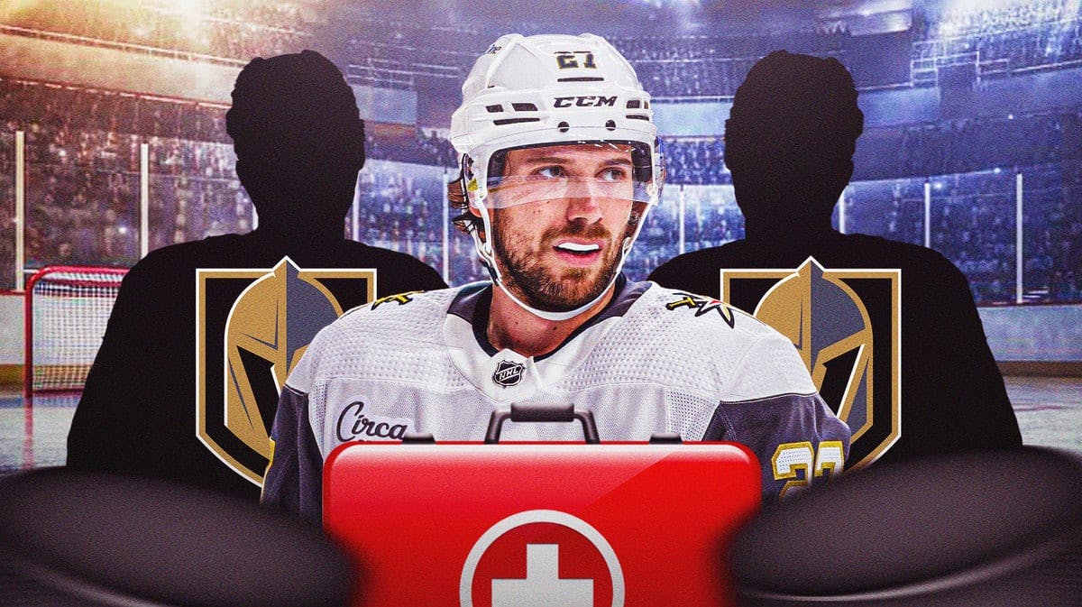 Shea Theodore in middle looking stern with first aid kit, two silhouetted players in Vegas Golden Knights jerseys, Golden Knights logo, hockey rink in background