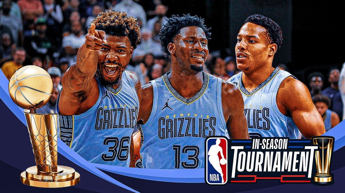 Grizzlies' Jaren Jackson Jr., Desmond Bane, and Marcus Smart all hyped up, with the NBA In-Season Tournament logo and trophy in the middle