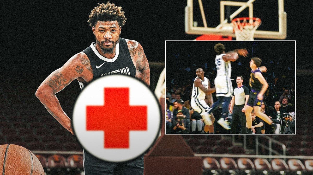 Marcus Smart of the Grizzlies with medical cross symbol