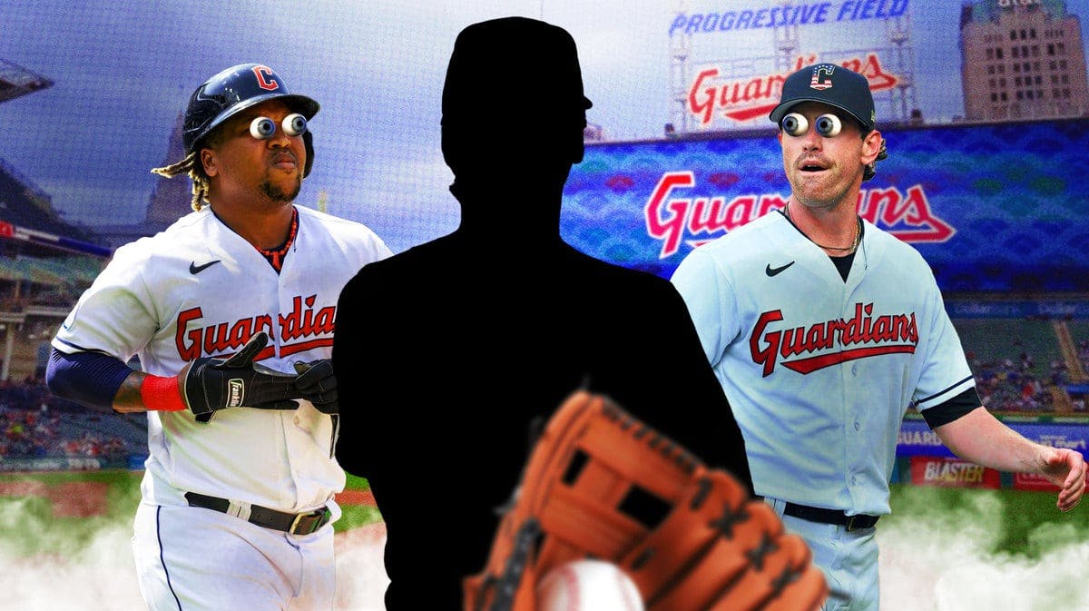 Progressive Field background. Guardians' Jose Ramirez, Guardians' Shane Bieber eyes popping out looking at the silhouette of Cal Quantrill.