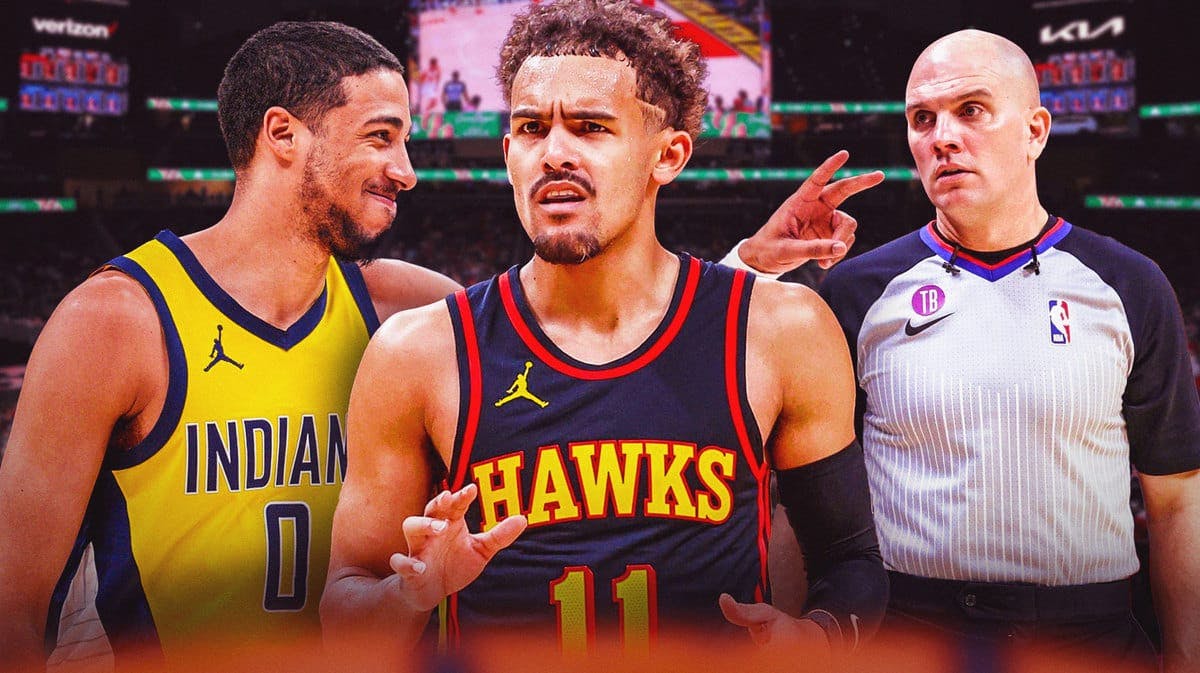 Hawks’ Trae Young angry, Pacers’ Tyrese Haliburton smiling, with referee Jacyn Goble on the side