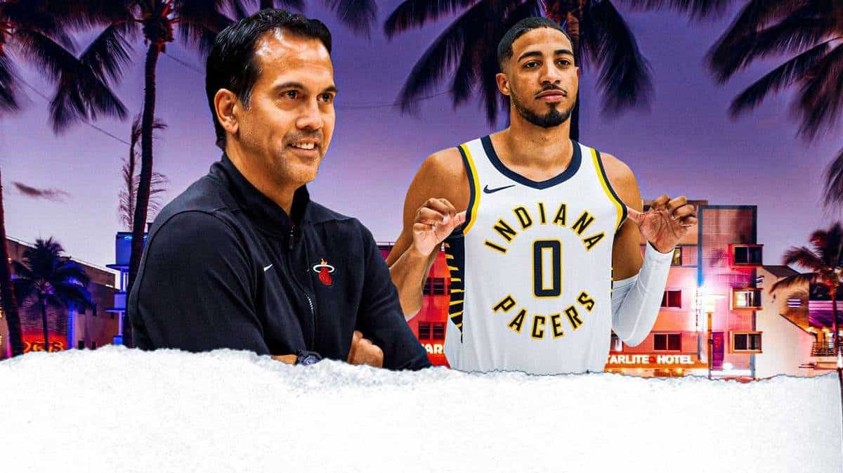 Miami Heat head coach Erik Spoelstra and Indiana Pacers guard Tyrese Haliburton in front of the city of Miami.
