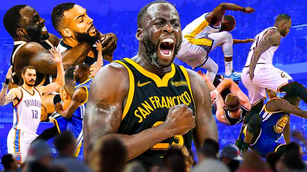 Warriors' Draymond Green looking angry in the middle, with these pictures around Green: Green stepping over LeBron James in the 2016 NBA Finals, Green kicking Steven Adams in the nuts during the 2016 WCF, Green stamping on Domantas Sabonis during the 2023 playoffs, and Green choking Rudy Gobert on November 14, 2023