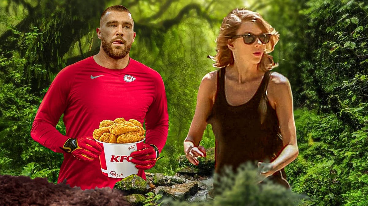 Travis Kelce holds a bucket of KFC chicken as Taylor Swift hikes through the Amazon rainforest