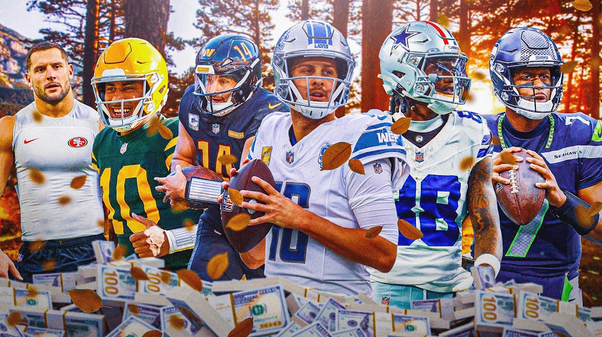 Jared Goff, CeeDee Lamb, Geno Smith, Sam Howell, Jordan Love, Nick Bosa all together. Thanksgiving themed stuff in the front of the graphic (turkeys, fall leaves, etc.) Ticket stubs and cash money spread all around throughout the graphic as we investigate these NFL ticket prices