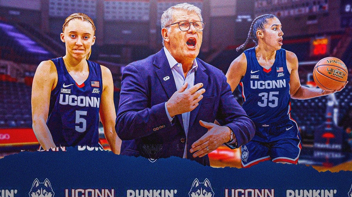 UConn women’s basketball coach Geno Auriemma, player Paige Bueckers and player Azzi Fudd