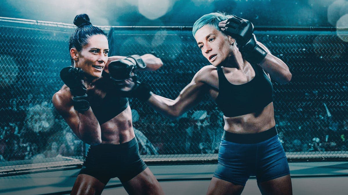 Ali Krieger in a boxing ring against Megan Rapinoe, the NWSL logo behind them