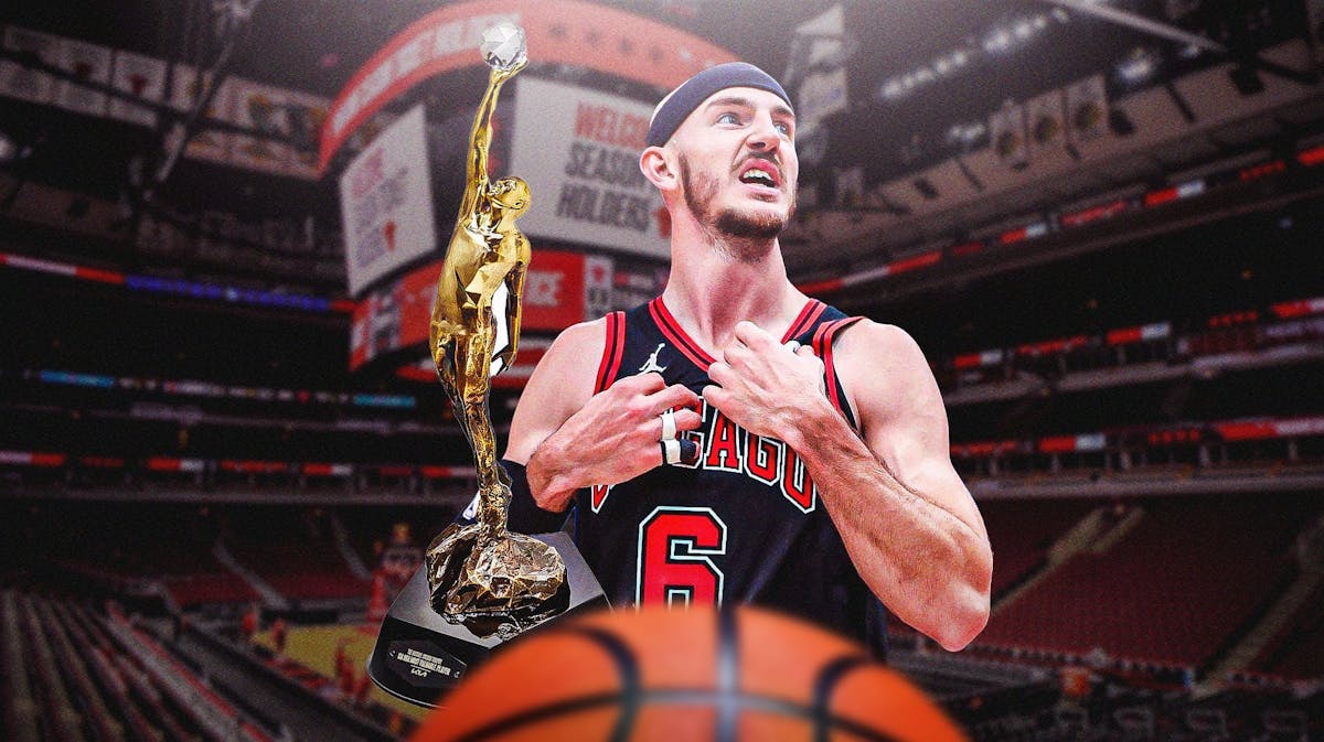 Alex Caruso with the Bulls arena in the background; also include the NBA’s Defensive Player of the Year trophy next to him