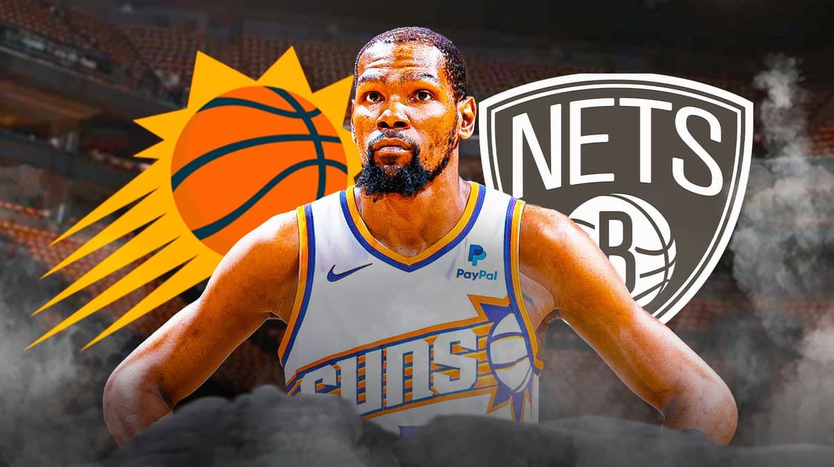 Kevin Durant with both the Suns and Nets logos in the background injury