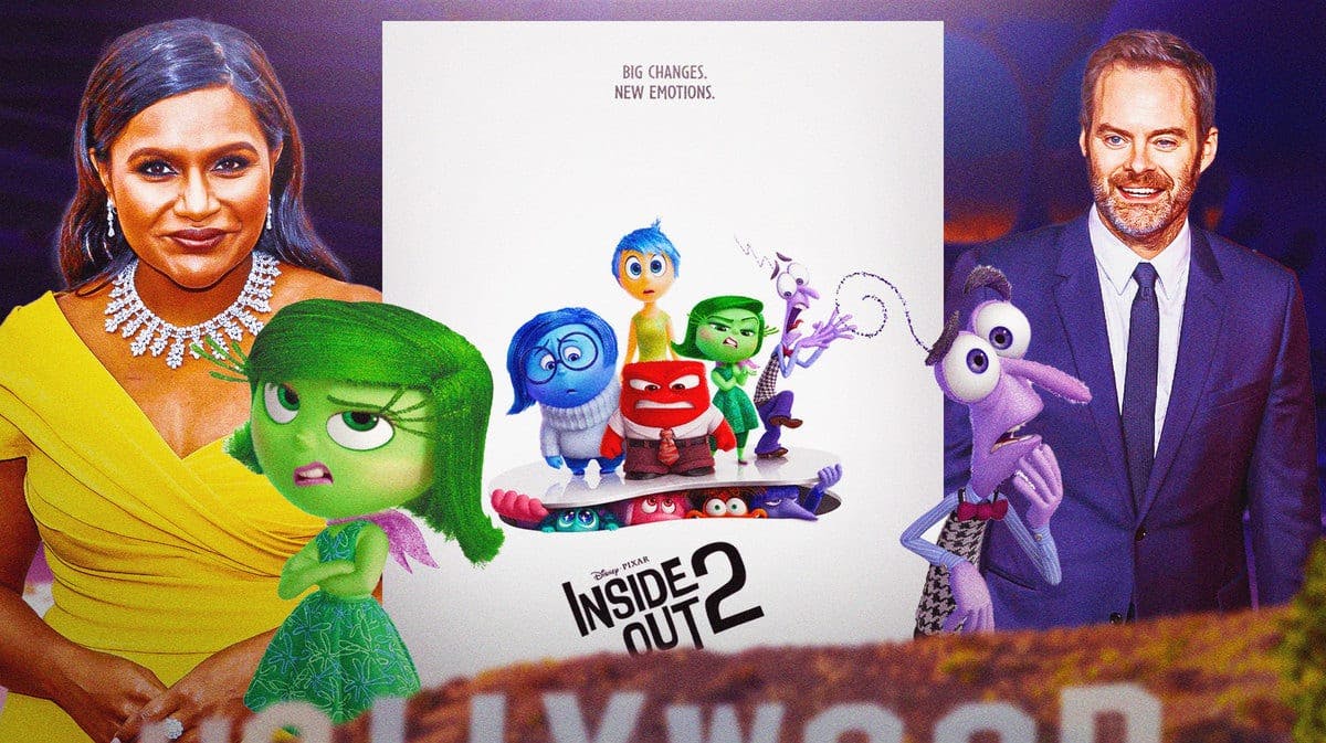Disgust and Fear actors Mindy Kaling and Bill Hader outside of Inside Out 2 poster.