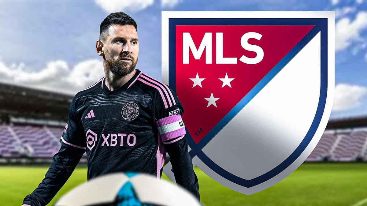 Lionel Messi in front of the MLS logo