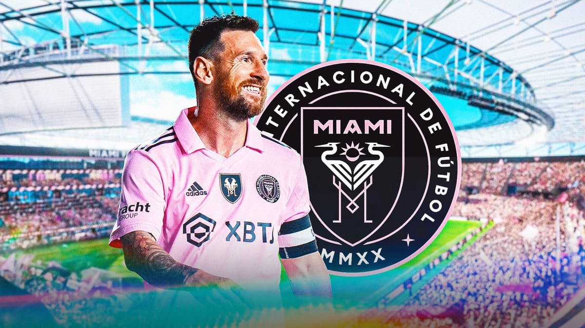 Lionel Messi in front of the Inter Miami logo