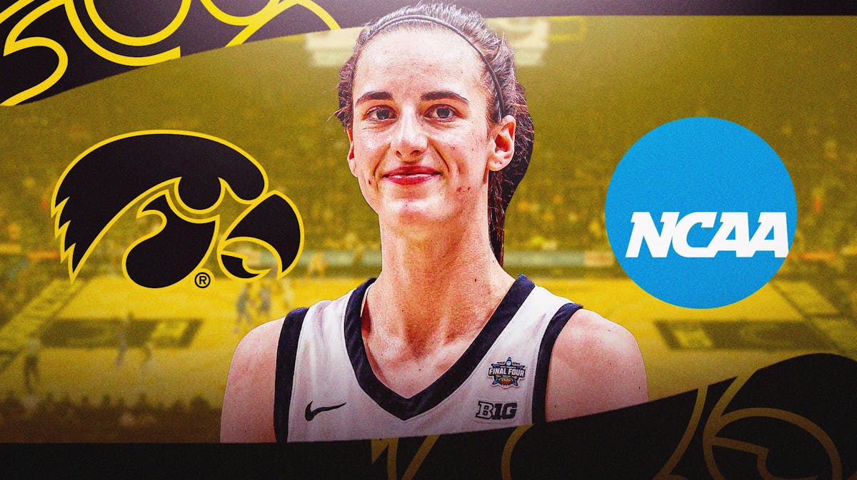 Caitlin Clark with the Iowa logo and the NCAA logo in the background