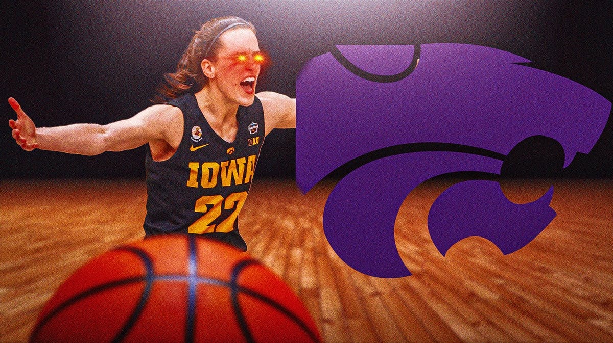 Iowa women’s basketball player Caitlin Clark with red laser eyes, looking hyped up at the Kansas State University logo