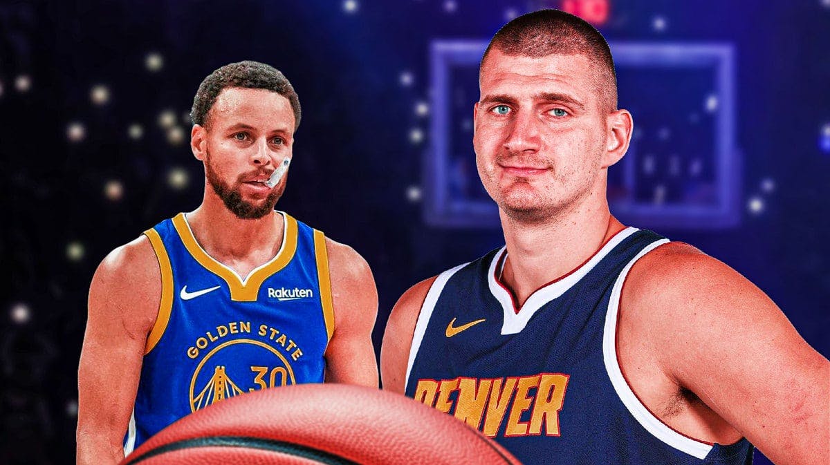 Nuggets' Nikola Jokic smiling, with Warriors' Stephen Curry looking at him seriously