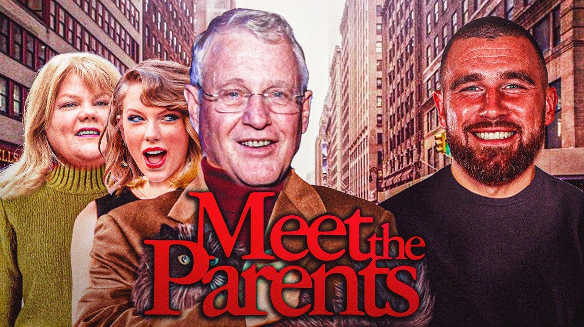 A spoof of the Meet the Parents movie poster, with Travis Kelce’s face in place of Ben Stiller’s, Taylor Swift’s dad’s face in place of Robert DeNiro’s, Taylor Swift’s face in place of Teri Polo’s, and Taylor Swift’s mom’s face in place of Blythe Danner's
