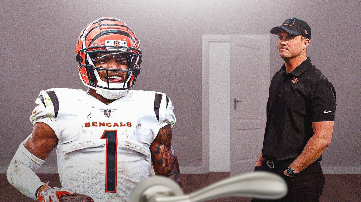 Bengals' Ja’Marr Chase and Bengals' Zac Taylor in a room. Have Taylor standing next to an open door.