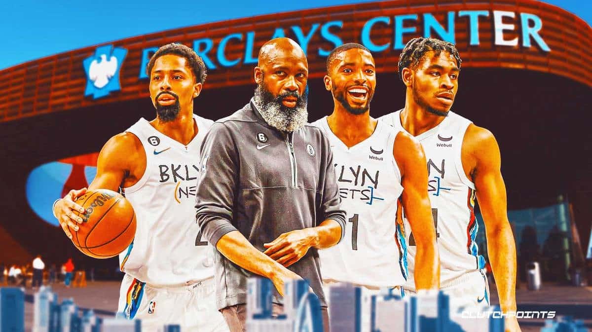 Nets' Cam Thomas, Mikal Bridges, Jacque Vaughn, Spencer Dinwiddie with Barclays Center in the background