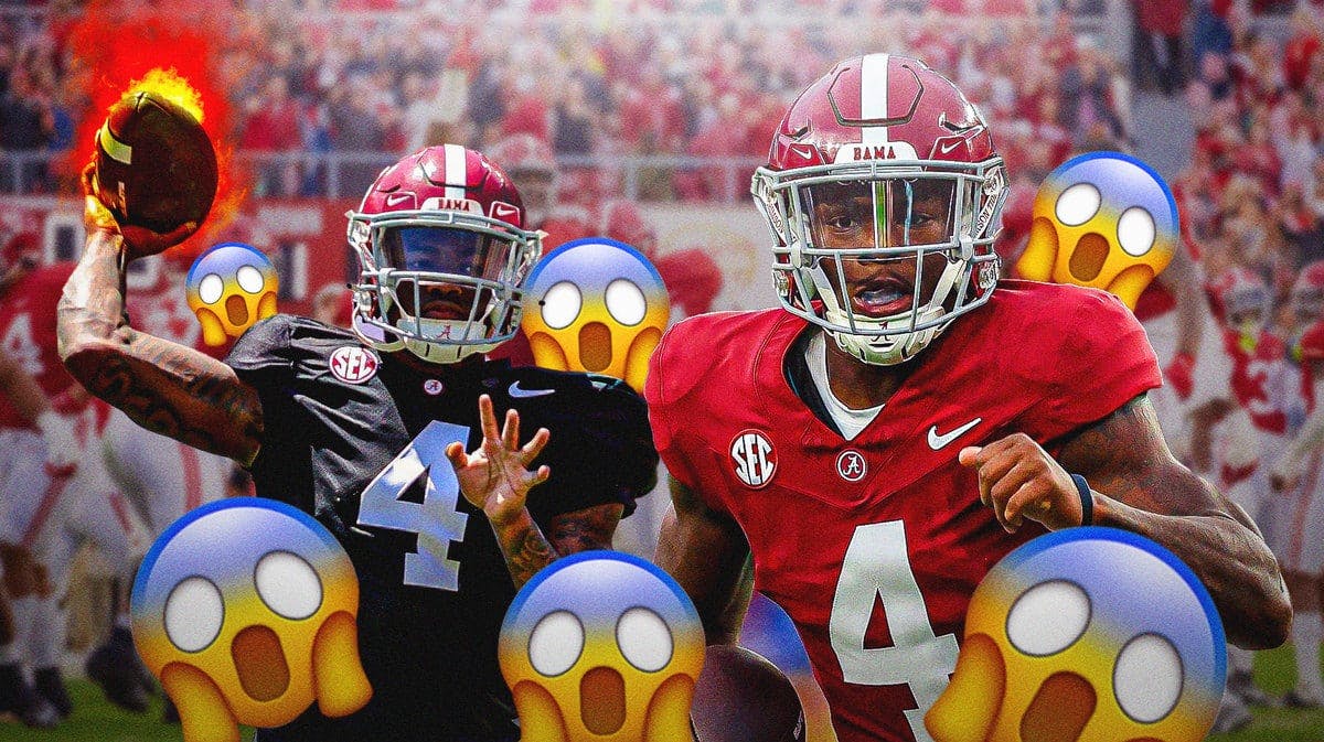 Jalen Milroe throwing a football on fire, another photo of him running the football, both in Alabama jerseys, throw in some shocked emojis around him