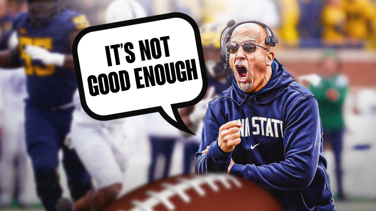 Penn State football coach James Franklin yelling "It's Not Good Enough" with a quote bubble next to his head.