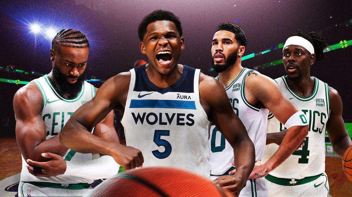 Celtics' Jayson Tatum, Jrue Holiday, and Jaylen Brown all looking disappointed, with Timberwolves' Anthony Edwards hyped up